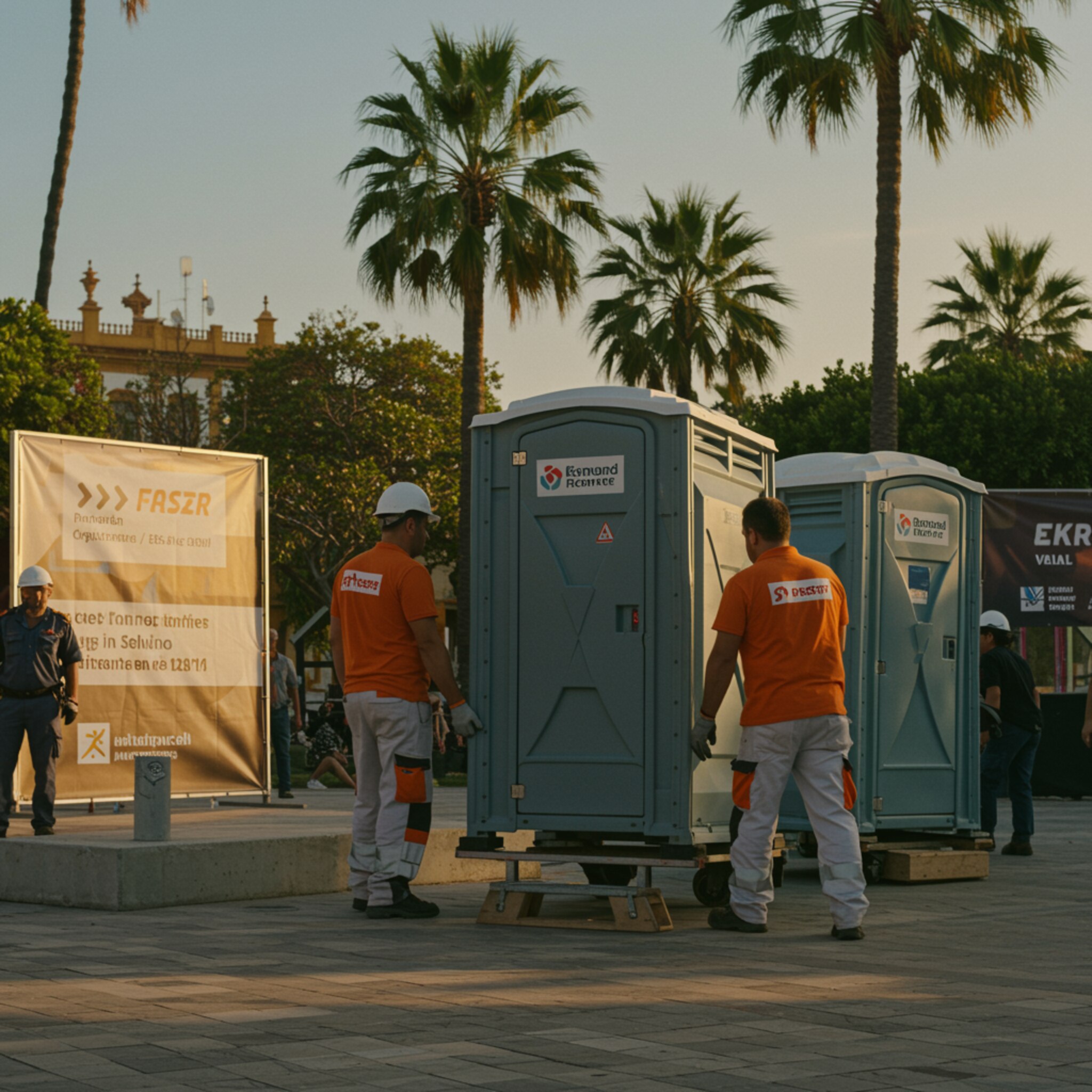 "Equipo de trabajadores en Sevilla instalando un baño portátil en un evento al aire libre, destacando servicio rápido y atención al cliente."